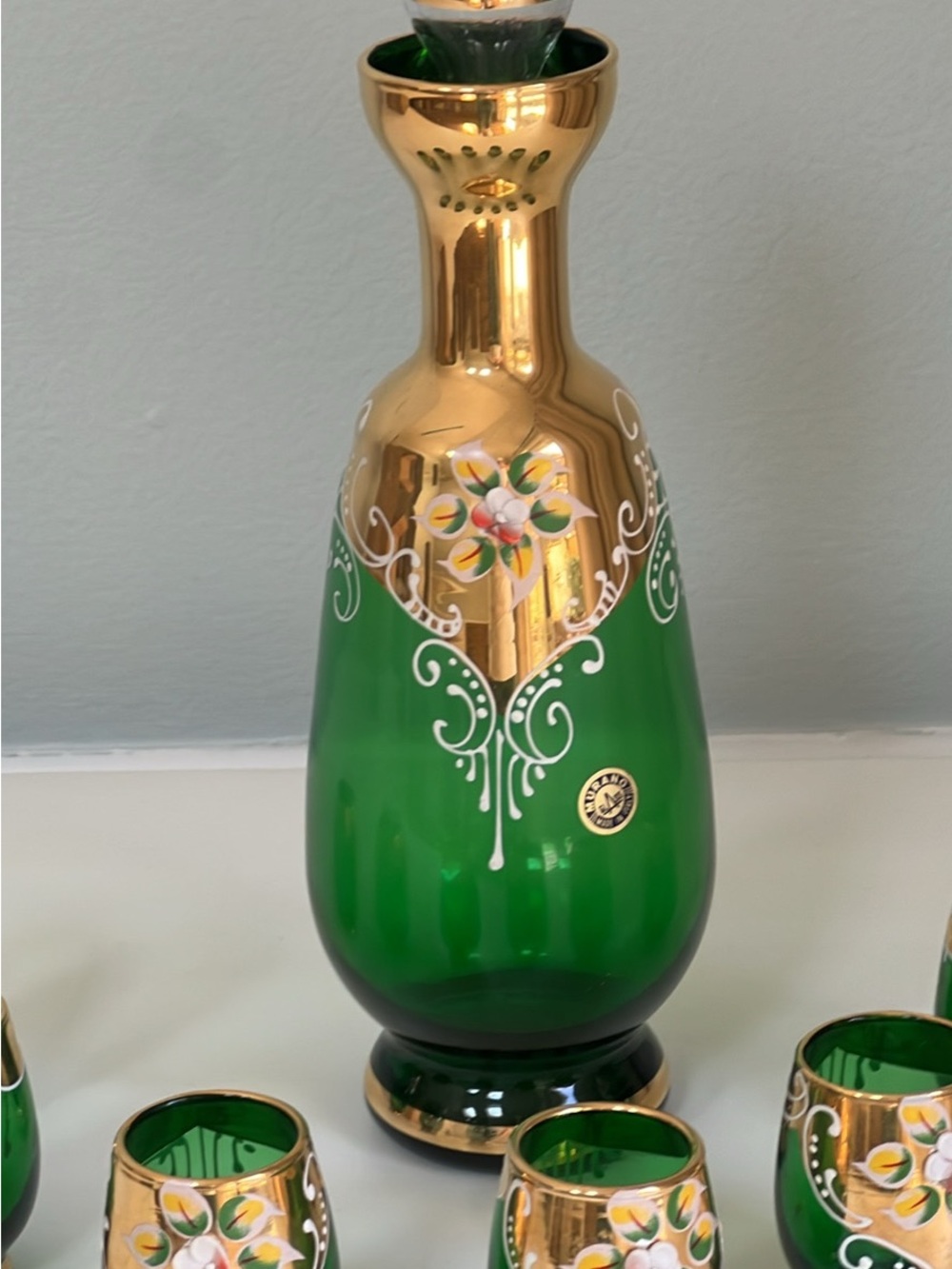 Vintage Murano Green and Gold Glass Decanter with Floral Detail